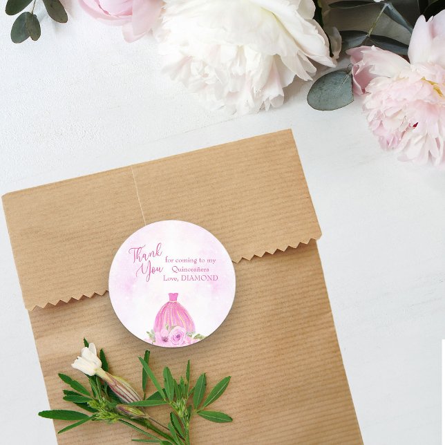 Thank you for coming Pink Floral Princess Editable Classic Round Sticker (Thank you stickers from my Galaxy Floral Princess Quinceanera collection
)