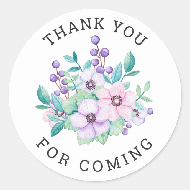 Thank you for coming. Purple floral baby shower Classic Round Sticker (Front)