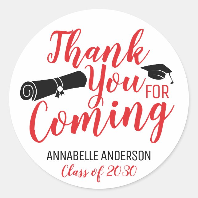 Thank You For Coming Red Graduation Party Favor Classic Round Sticker (Front)