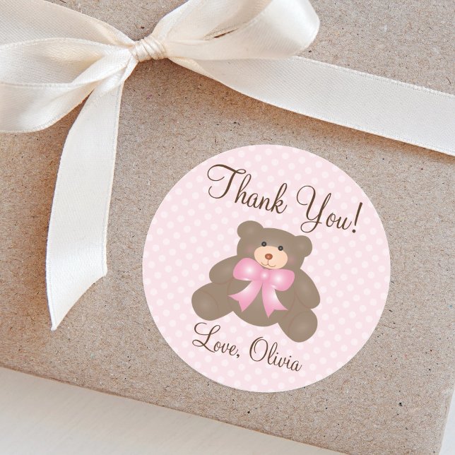 Thank You For Coming Teddy Bear Girl Baby Shower Classic Round Sticker (Creator Uploaded)