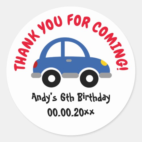 Thank you for coming toy car boys Birthday party Classic Round Sticker