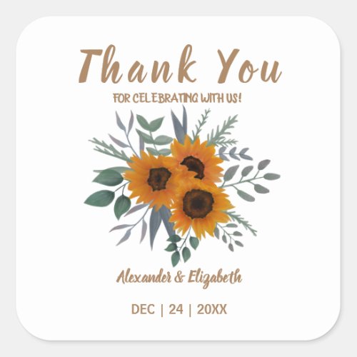 Thank You for Coming Wedding Sunflowers Greenery   Square Sticker