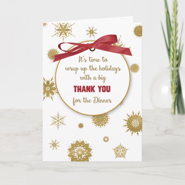 Thank You For Holiday Dinner Gold Snowflakes Red Card (Front)