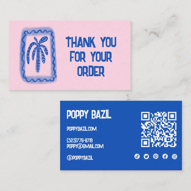 Thank You for Order Social Icons QR Code Palm Tree Business Card (Front/Back)