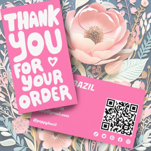 Thank You for Order Social Icons QR Code Pink Business Card