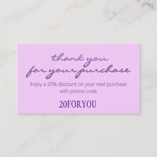 Thank You FOR PURCHASE Discount Code Violet Purple Business Card
