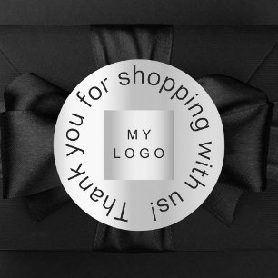 Thank you for shopping business logo silver classic round sticker