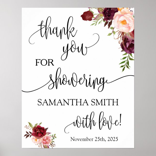 Thank you for showering bride to be marsala floral poster (Front)