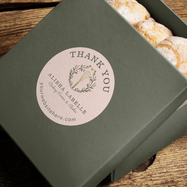 Thank You For Your Business Pink Bakery Whisk Logo Classic Round Sticker (Creator Uploaded)