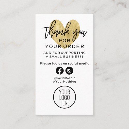 Thank You For Your Order Black and Gold Heart Business Card