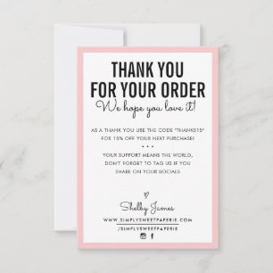 THANK YOU FOR YOUR ORDER glam insert modern pink Card