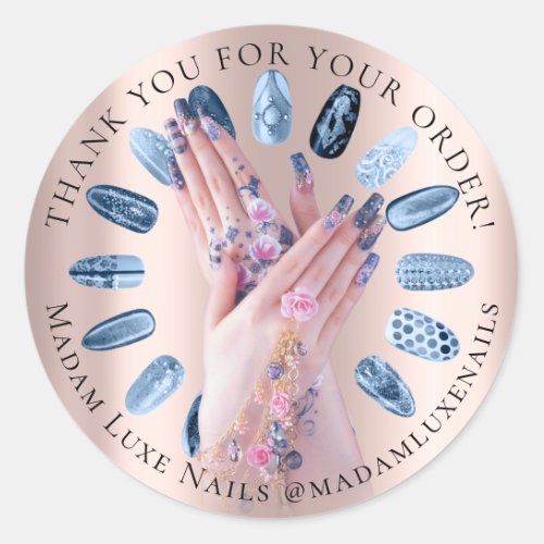 Thank You For Your Order Hands Flowers Blue Nails Classic Round Sticker
