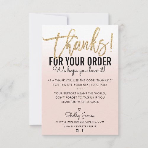 THANK YOU FOR YOUR ORDER insert gold ombre blush