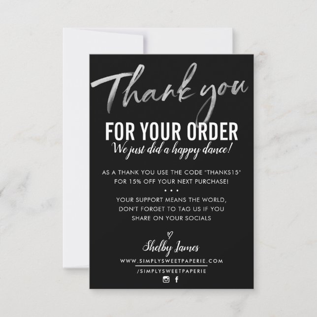 THANK YOU FOR YOUR ORDER insert modern black white Card (Front)