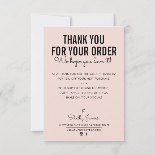 THANK YOU FOR YOUR ORDER insert modern blush pink