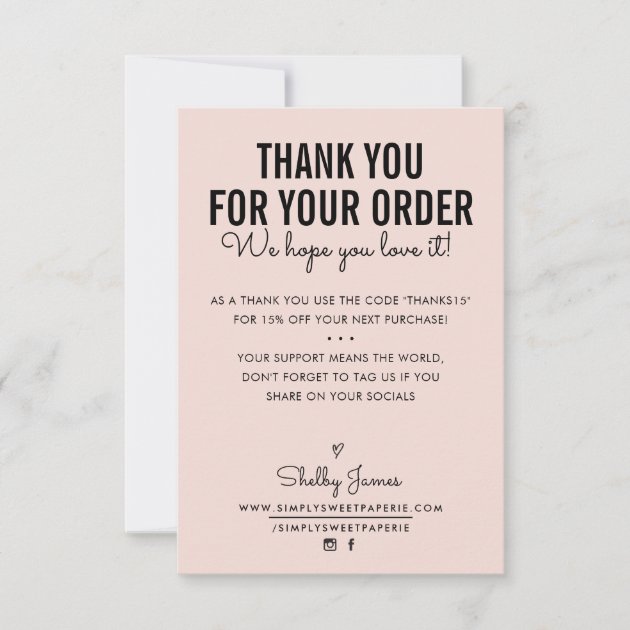 THANK YOU FOR YOUR ORDER insert modern blush pink | Zazzle