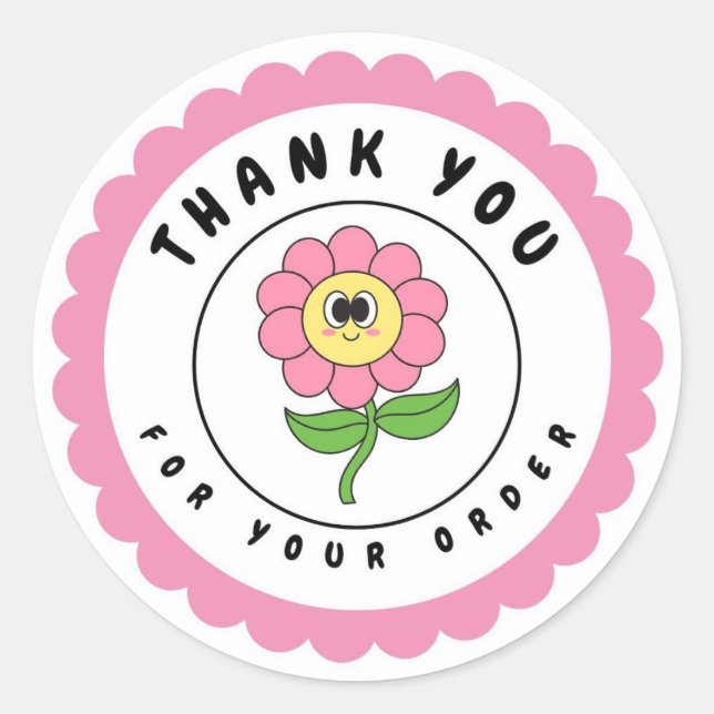 Thank You For Your Order Retro Pink Flower Circle  Classic Round Sticker (Front)
