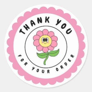 Thank You For Your Order Retro Pink Flower Circle Classic Round Sticker