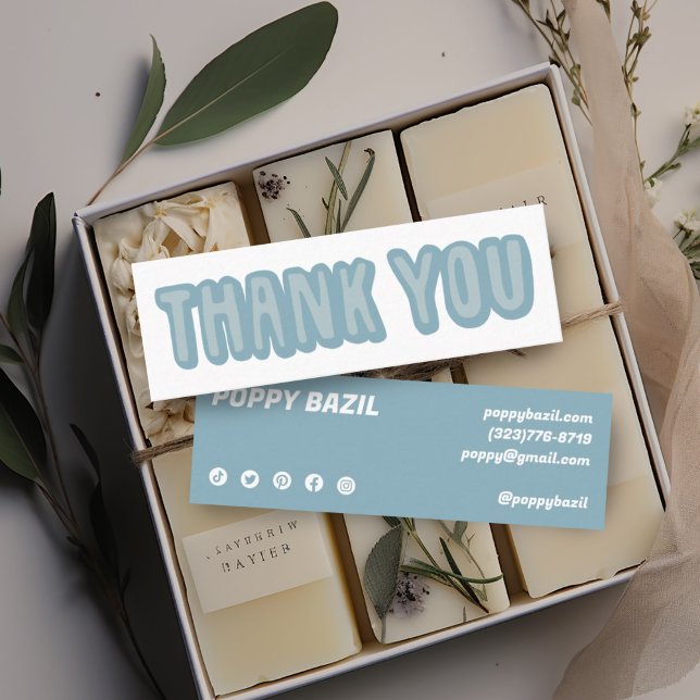 Thank You for your Order Social Media Icons Chic Mini Business Card (Custom thank you for your order packaging card - mini light blue with social icons. Handlettering)