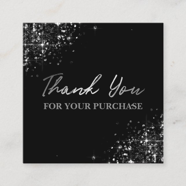 Thank You For Your Purchase Black Silver Glitter Square Business Card (Front)