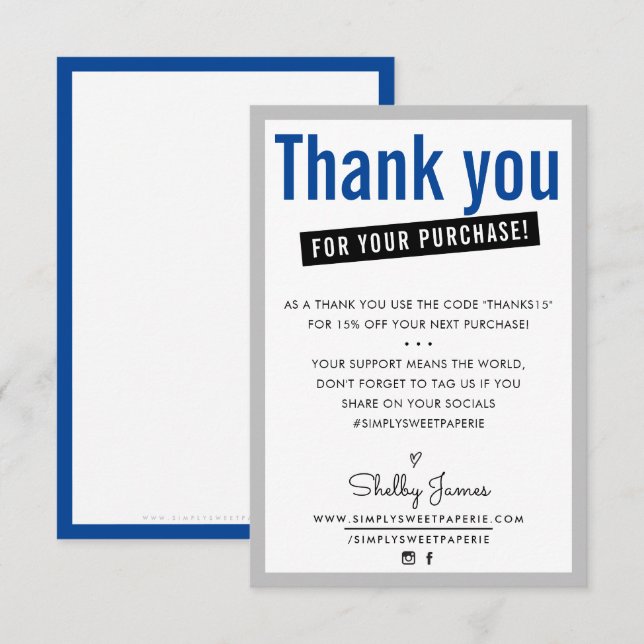 THANK YOU FOR YOUR PURCHASE customer insert blue Card (Front/Back)