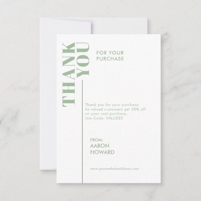 Thank you for your purchase, sage green and white card (Front)