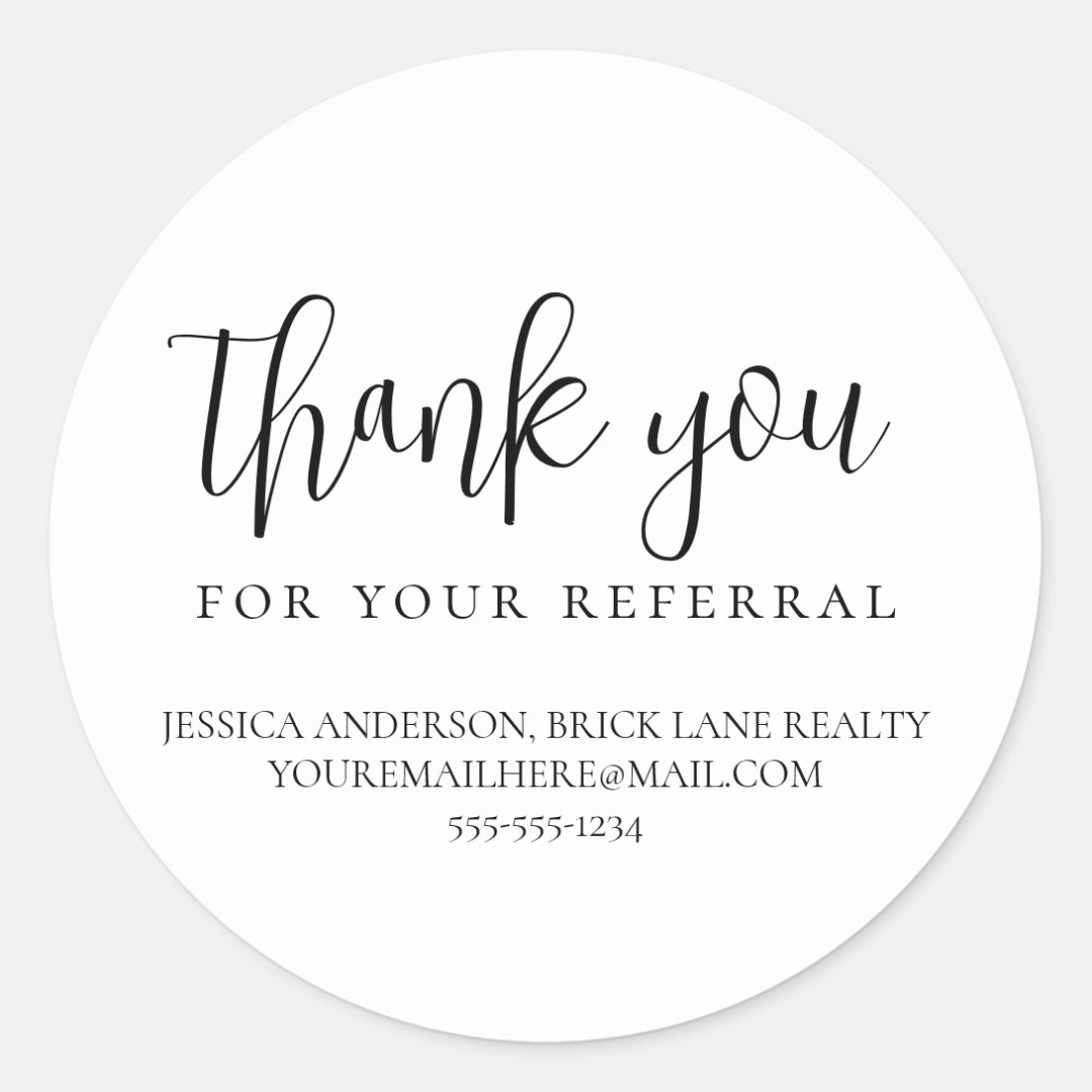 Thank You for Your Referral Contact Info Classic Round Sticker | Zazzle