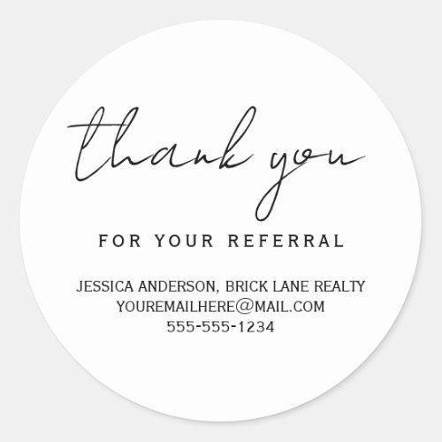 Thank You for Your Referral Contact Info Classic Round Sticker