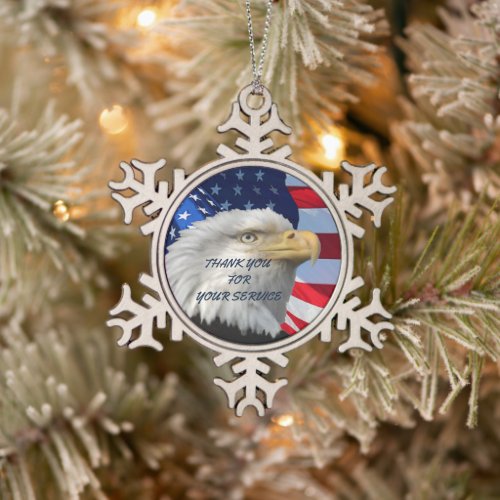 THANK YOU FOR YOUR SERVICE SNOWFLAKE PEWTER CHRISTMAS ORNAMENT