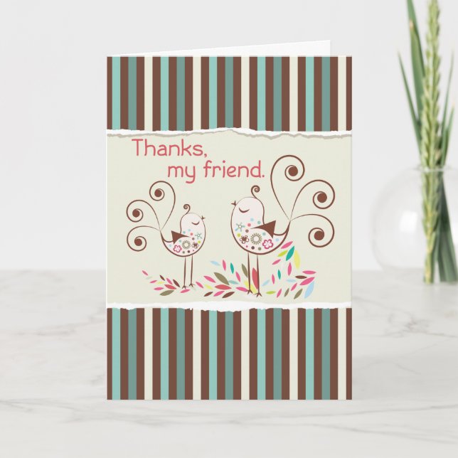 Thank You, Friend, Whimsical Birds on Brown and Te Thank You Card (Front)