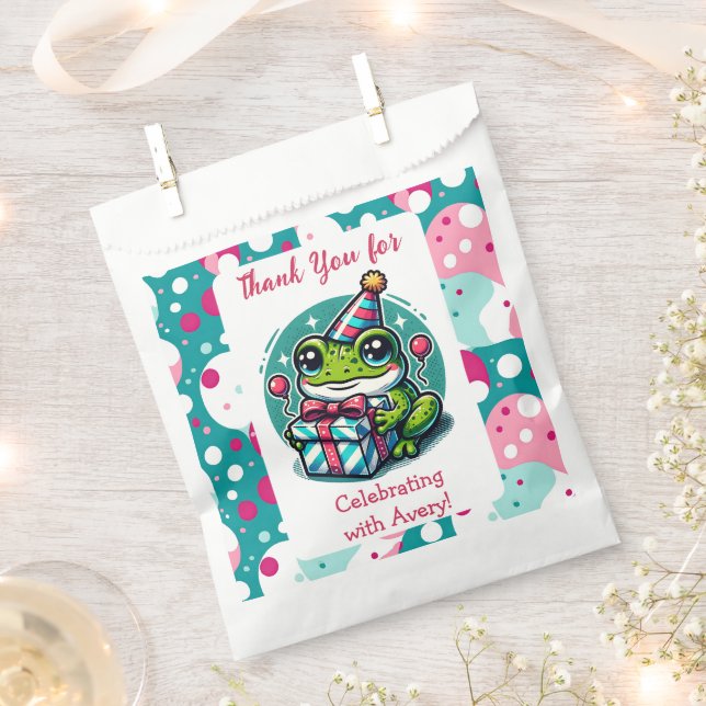 Thank You Frog Themed Girl's Birthday Favor Bag (Clipped)