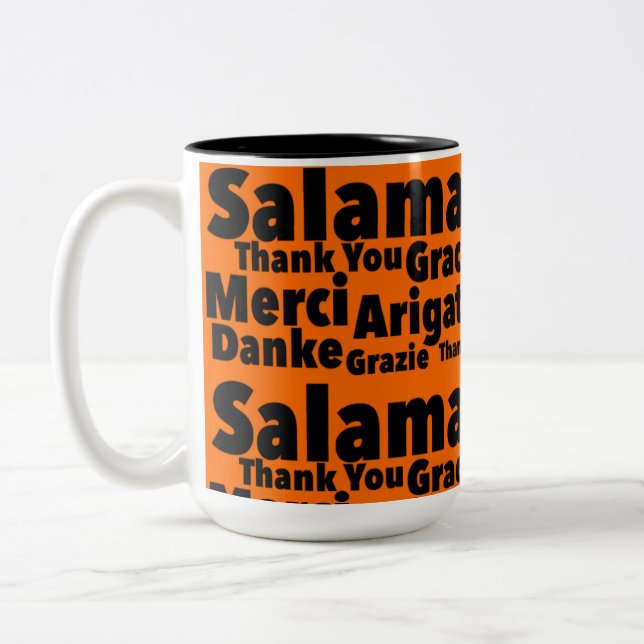 Thank You From 6 Countries Print Novelty: Salamat Two-Tone Coffee Mug (Left)