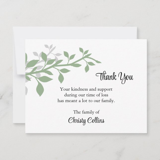 Thank You Funeral Cards, Green & Gray Branches Note Card (Front)
