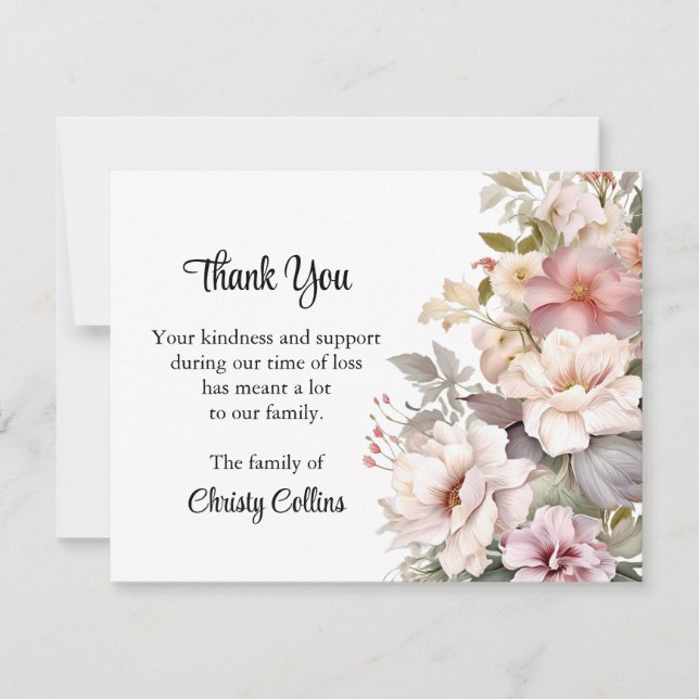 Thank You Funeral Cards, Soft Pink Flowers Note Card (Front)