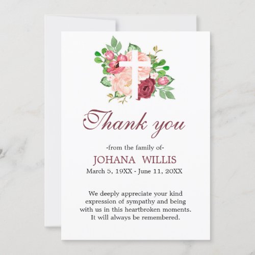 Thank You Funeral Floral Cross Sympathy Grief Card