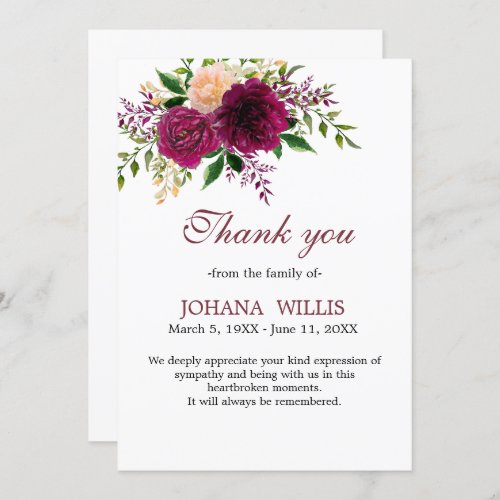Thank You Funeral Floral Purple Memorial Card