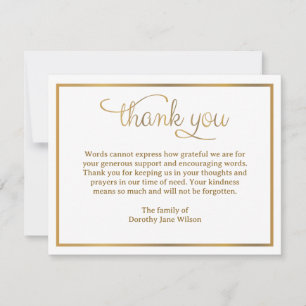 Thank you Funeral Note Card Bereavement Gold
