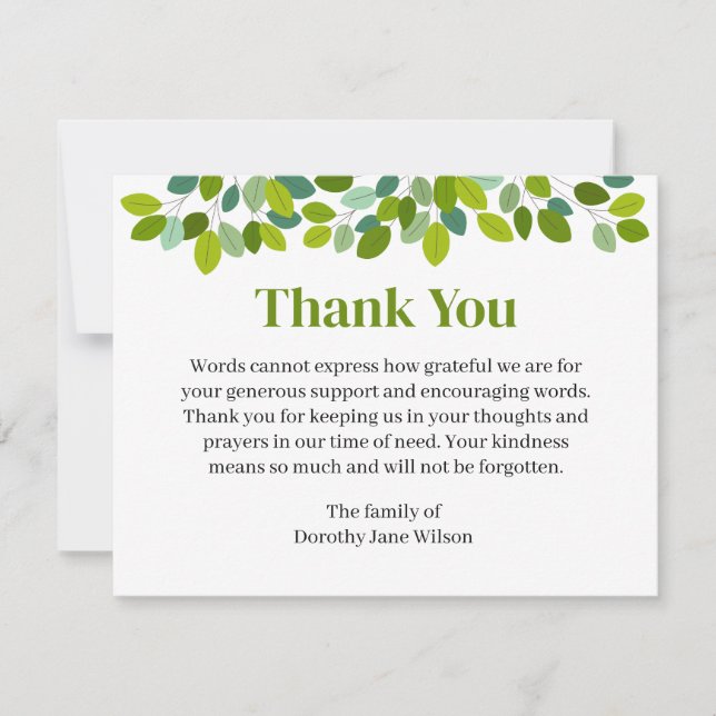 Thank you Funeral Note Card Bereavement leaves (Front)