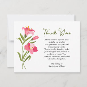 Thank you Funeral Note Card Pink Lily