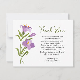 Thank you Funeral Note Card Purple Lily
