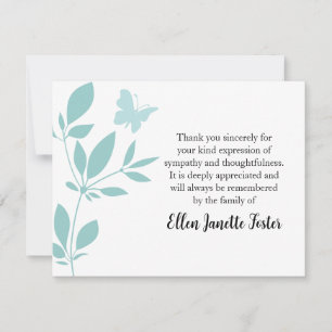 Thank you Funeral Note Card Teal Butterfly