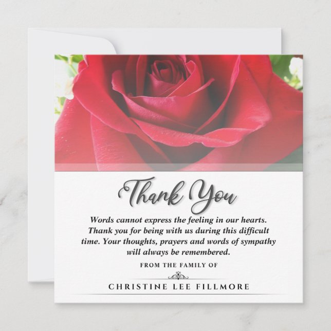 Thank You Funeral Red Rose Square - Words Card (Front)