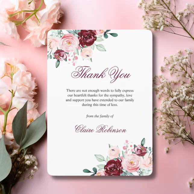 Thank You Funeral Sympathy Burgundy Floral | PHOTO | Zazzle