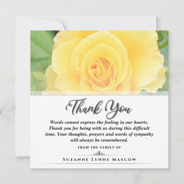 Thank You Funeral Yellow Rose Square - Words (Front)