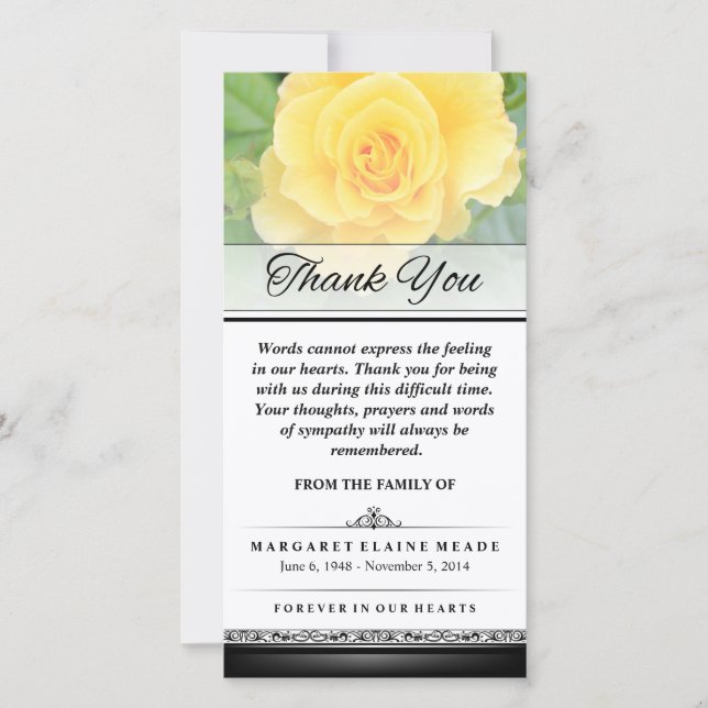 Thank You Funeral Yellow Rose Words Cannot Express Card (Front)