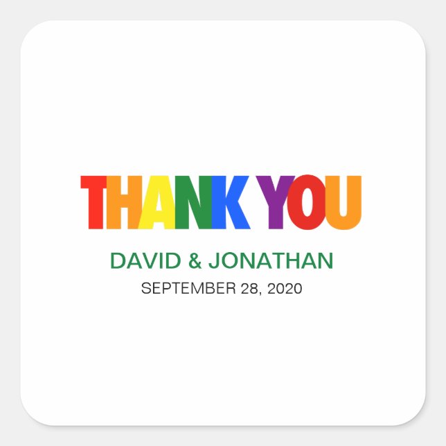 Thank you Gay Wedding Rainbow Flag Favor Square Sticker (Front)