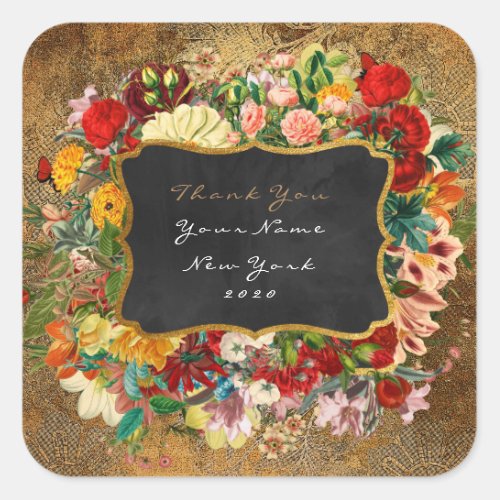 Thank You Gift Baroque Grungy Gold Gray Floral Square Sticker