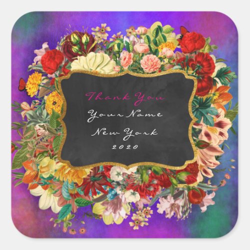 Thank You Gift Baroque Pink Rainbow Roses Floral Square Sticker