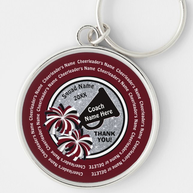 Thank You Gift for Cheer Coach, Maroon, Silver Keychain (Front)