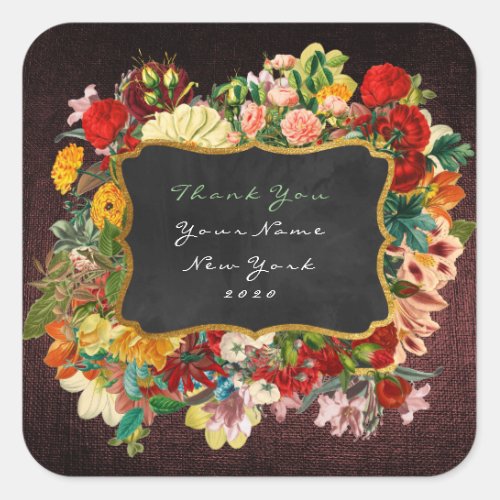 Thank You Gift Label Gold Burgundy Roses Floral
